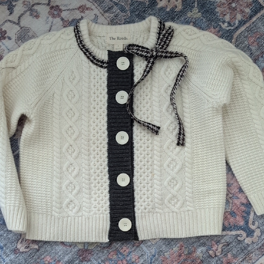 Cream Cable Knit Cardigan with Black Accents